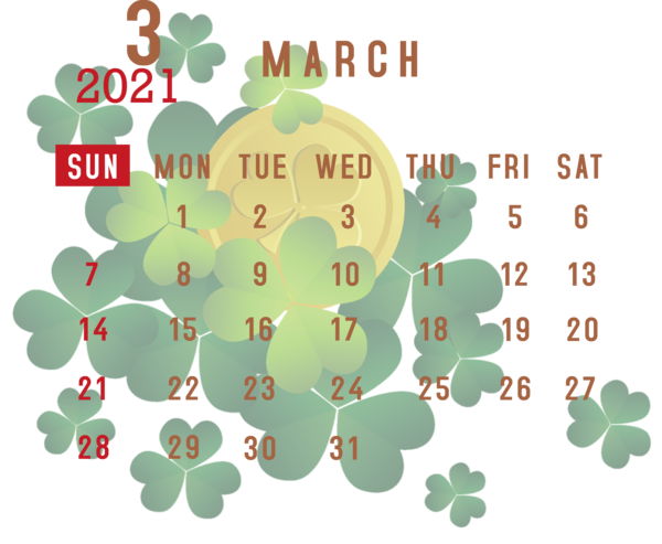 Transparent New Year Saint Patrick's Day Shamrock for Printable 2021 Calendar for New Year