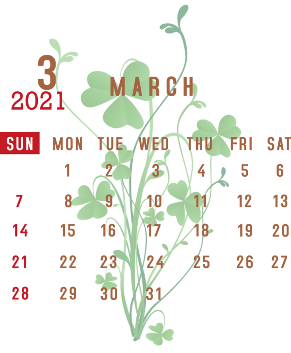 Transparent New Year Leaf Floral design Plant stem for Printable 2021 Calendar for New Year