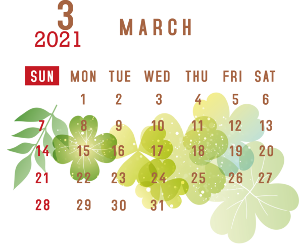 Transparent New Year Flower Leaf Green for Printable 2021 Calendar for New Year