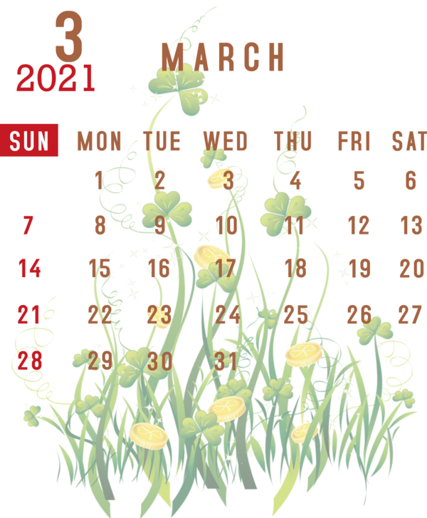 Transparent New Year Design Flower Saint Patrick's Day for Printable 2021 Calendar for New Year