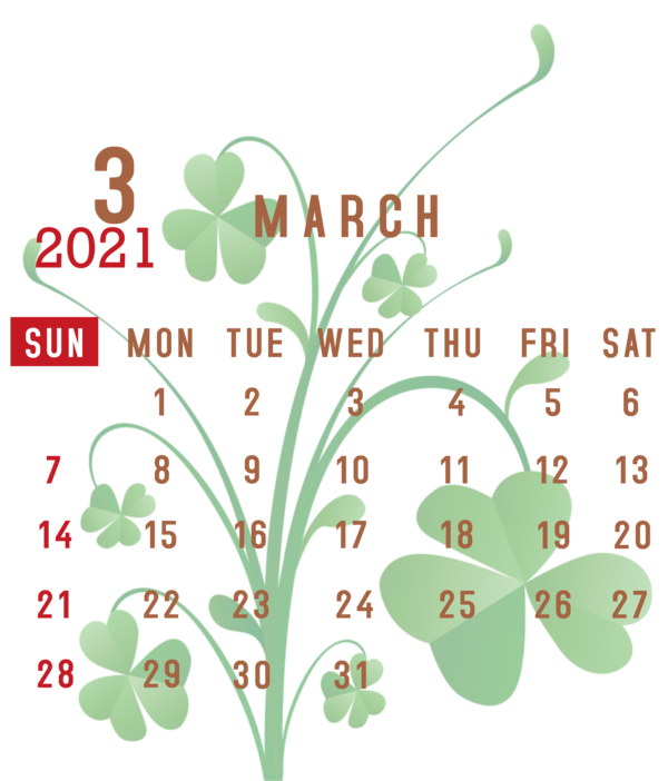 Transparent New Year Leaf Plant stem Floral design for Printable 2021 Calendar for New Year