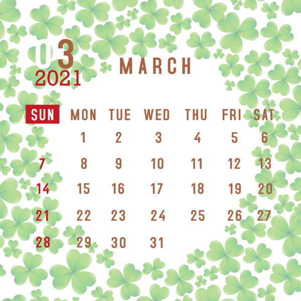 Transparent New Year Saint Patrick's Day Clover Leaf for Printable 2021 Calendar for New Year