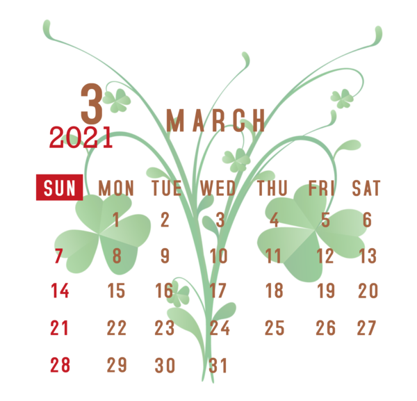 Transparent New Year Leaf Plant stem Flower for Printable 2021 Calendar for New Year