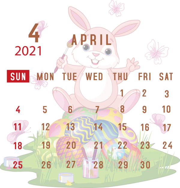 Transparent New Year Easter Bunny Design Line for Printable 2021 Calendar for New Year