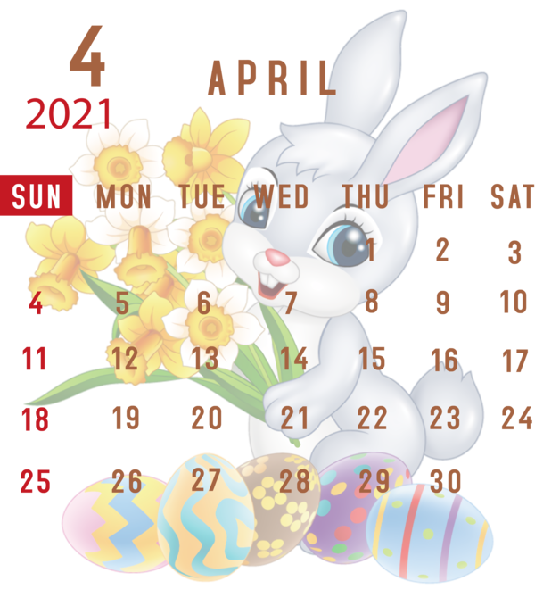 Transparent New Year Easter Bunny Flower Line for Printable 2021 Calendar for New Year
