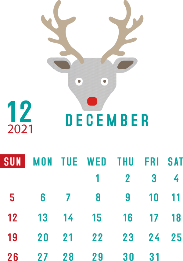 Transparent New Year Reindeer Deer Antler for Printable 2021 Calendar for New Year