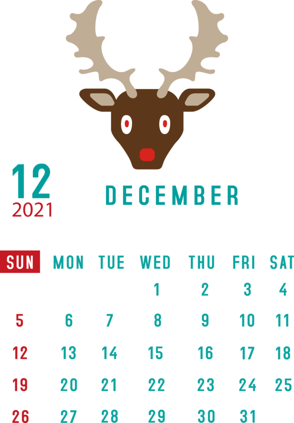Transparent New Year Reindeer Deer Antler for Printable 2021 Calendar for New Year