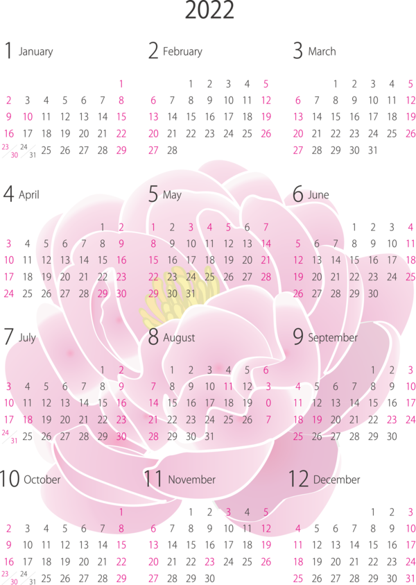 Transparent New Year Flower Petal Line for Printable 2022 Calendar for New Year