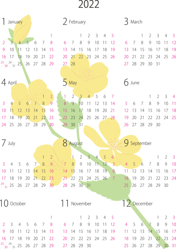 Transparent New Year Design Calendar System Yellow for Printable 2022 Calendar for New Year