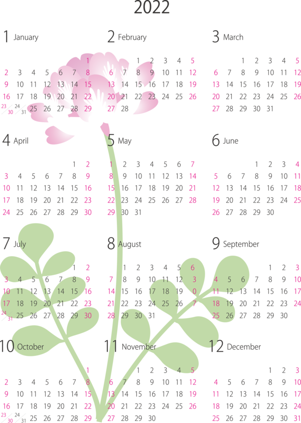 Transparent New Year Flower Plant stem Leaf for Printable 2022 Calendar for New Year