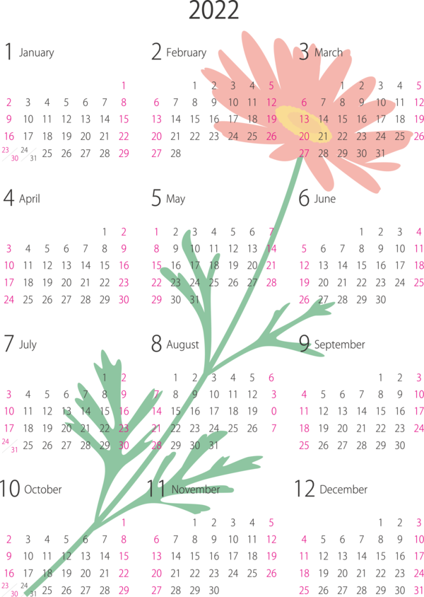 Transparent New Year Flower Petal Calendar System for Printable 2022 Calendar for New Year