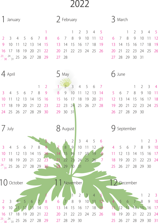 Transparent New Year Flower Leaf Calendar System for Printable 2022 Calendar for New Year