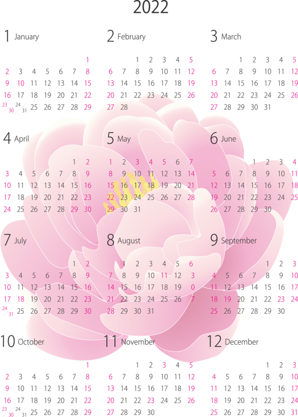 Transparent New Year Petal Calendar System Flower for Printable 2022 Calendar for New Year