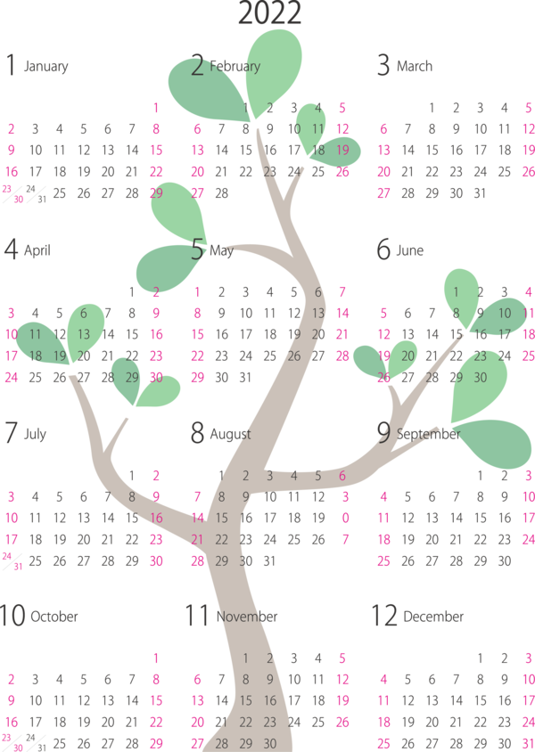 Transparent New Year Tree Flower Branch for Printable 2022 Calendar for New Year