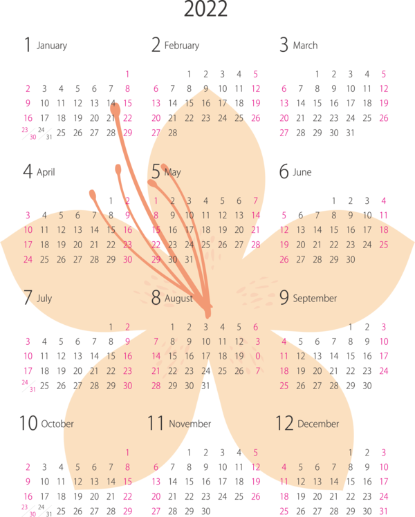Transparent New Year Design Petal Flower for Printable 2022 Calendar for New Year