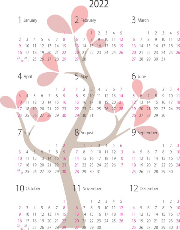 Transparent New Year Vine Tree Leaf for Printable 2022 Calendar for New Year