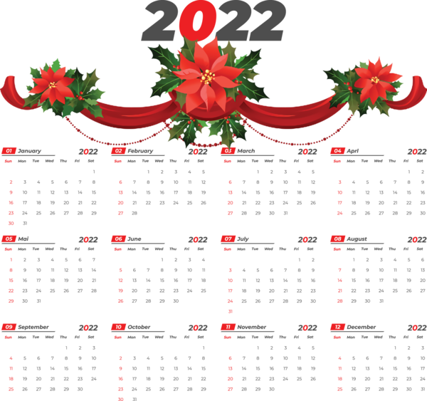 Transparent New Year Flower Calendar System Font for Printable 2022 Calendar for New Year