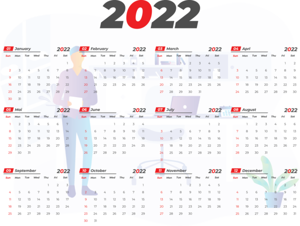 Transparent New Year Office supplies Design Line for Printable 2022 Calendar for New Year