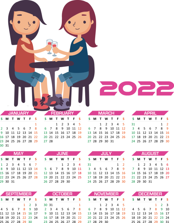 Transparent New Year Human Cartoon Line for Printable 2022 Calendar for New Year