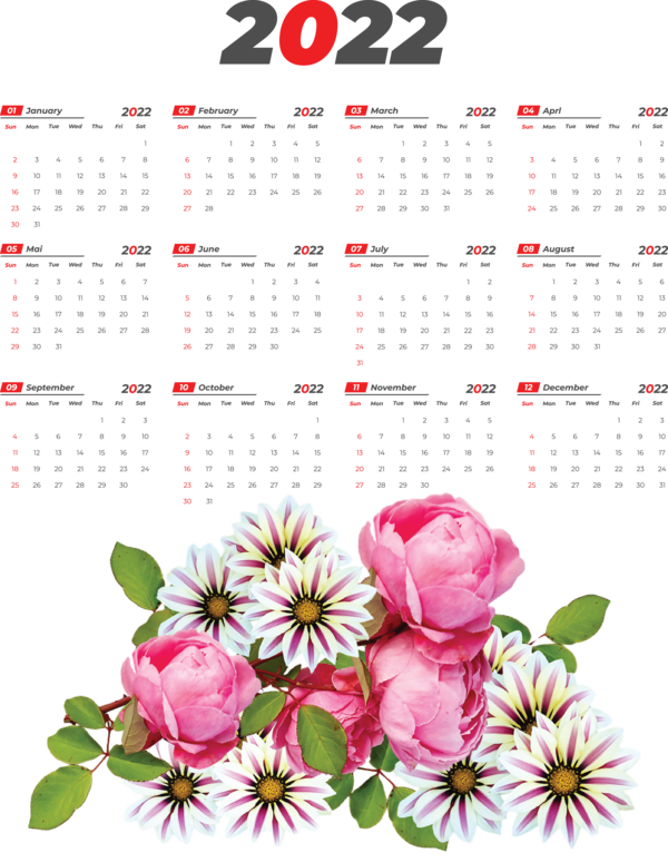 Transparent New Year Floral design Design Font for Printable 2022 Calendar for New Year