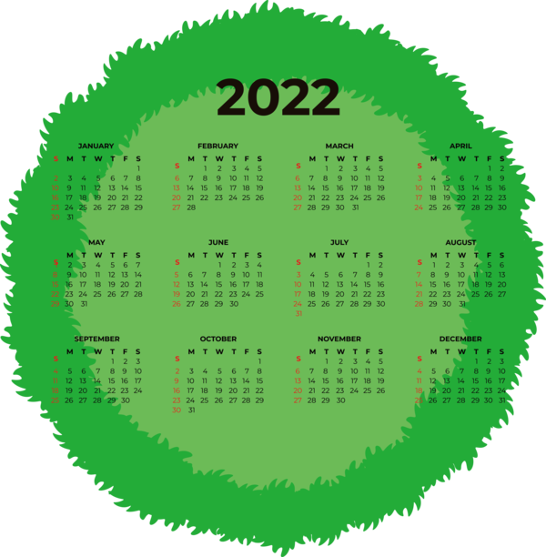 Transparent New Year Leaf Bank holiday Font for Printable 2022 Calendar for New Year