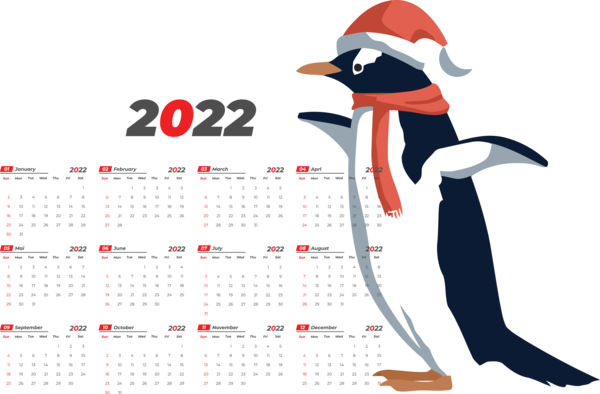 Transparent New Year Penguins Design Cartoon for Printable 2022 Calendar for New Year