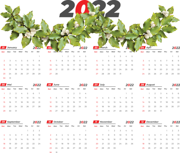 Transparent New Year Plant Tree Painting for Printable 2022 Calendar for New Year