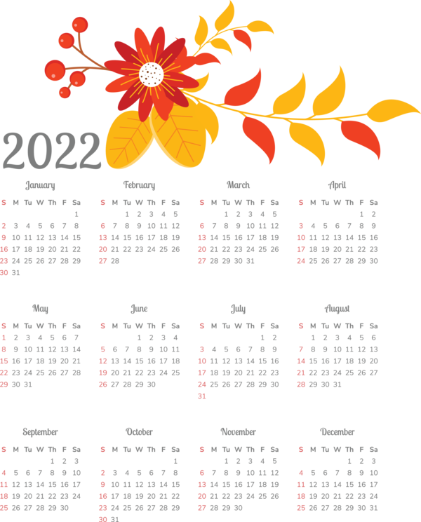 Transparent New Year Flower Line Calendar System for Printable 2022 Calendar for New Year