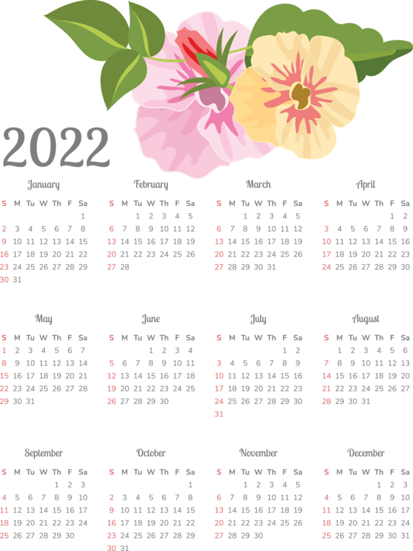 Transparent New Year Flower Calendar System Meter for Printable 2022 Calendar for New Year