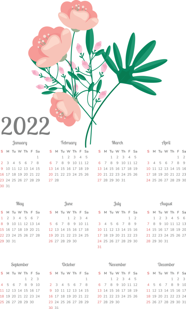 Transparent New Year Floral design Calendar System Design for Printable 2022 Calendar for New Year