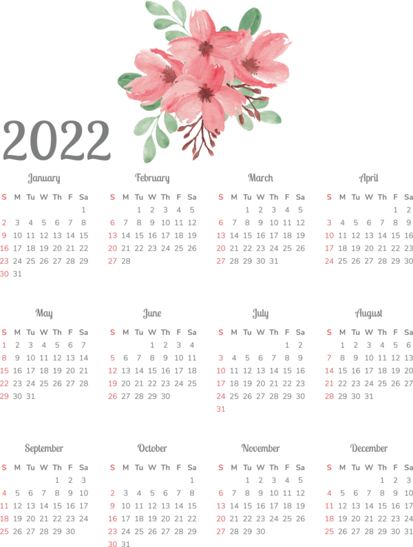 Transparent New Year Flower Calendar System Font for Printable 2022 Calendar for New Year