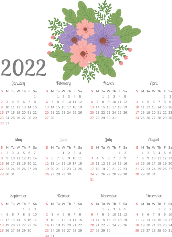 Transparent New Year Floral design Design Calendar System for Printable 2022 Calendar for New Year