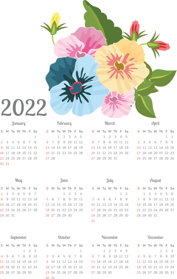 Transparent New Year Flower Floral design Calendar System for Printable 2022 Calendar for New Year