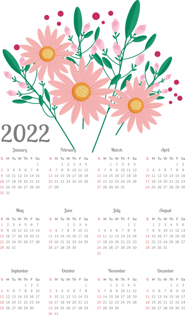 Transparent New Year Floral design Calendar System Design for Printable 2022 Calendar for New Year