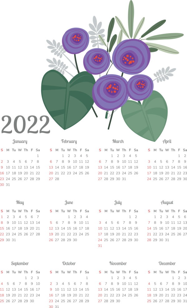 Transparent New Year Flower Vase Vector for Printable 2022 Calendar for New Year