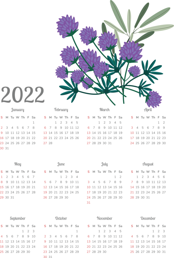 Transparent New Year Flower Floral design Calendar System for Printable 2022 Calendar for New Year