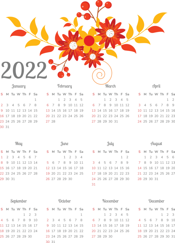 Transparent New Year Flower Calendar System Line for Printable 2022 Calendar for New Year