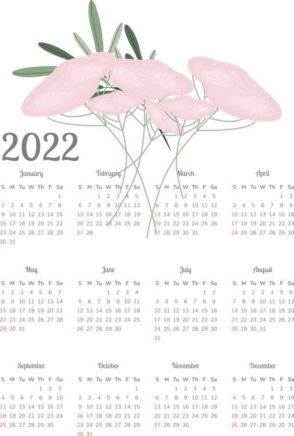 Transparent New Year Calendar System Design Flower for Printable 2022 Calendar for New Year
