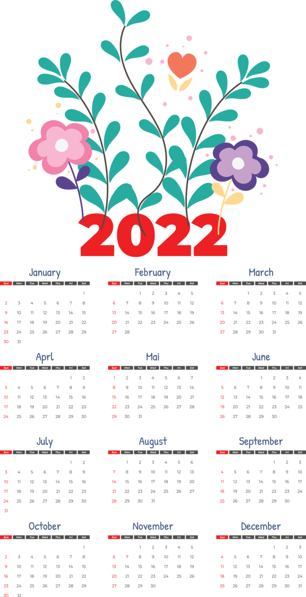 Transparent New Year Flower calendar Font for Printable 2022 Calendar for New Year