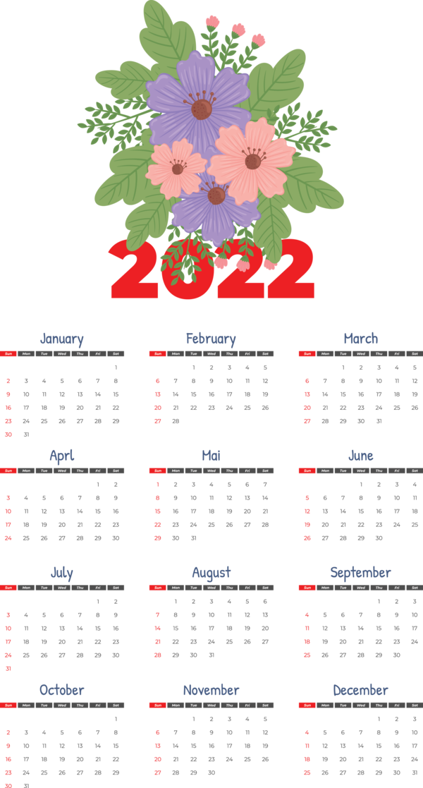 Transparent New Year Flower Floral design calendar for Printable 2022 Calendar for New Year