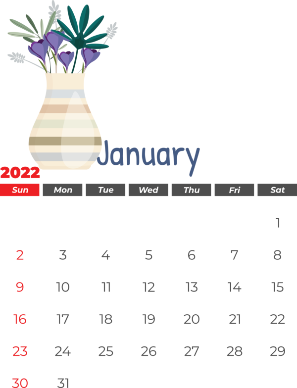 Transparent New Year Design Flower Drawing for Printable 2022 Calendar for New Year