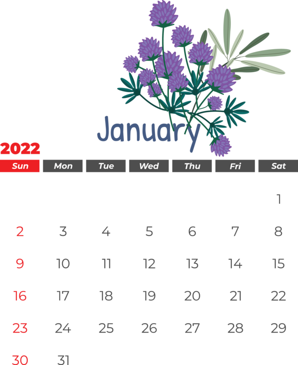 Transparent New Year Flower Vase Floral design for Printable 2022 Calendar for New Year