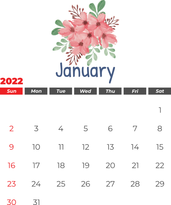 Transparent New Year Flower Floral design Cut flowers for Printable 2022 Calendar for New Year