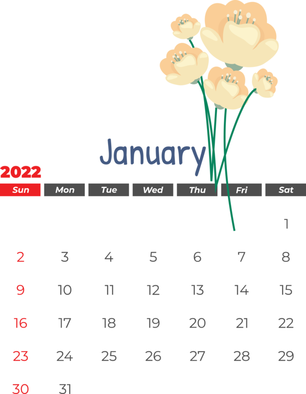 Transparent New Year Design Drawing Flower for Printable 2022 Calendar for New Year