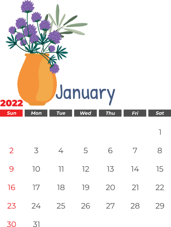 Transparent New Year calendar Vase Flower for Printable 2022 Calendar for New Year