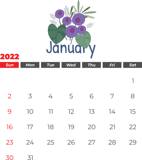 Transparent New Year Design Flower Floral design for Printable 2022 Calendar for New Year