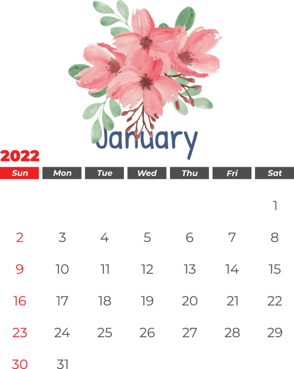 Transparent New Year Flower Floral design Cut flowers for Printable 2022 Calendar for New Year