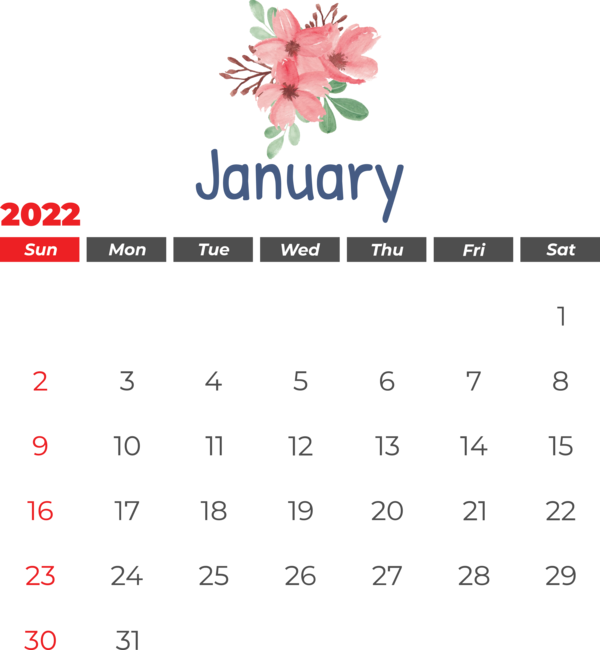 Transparent New Year Drawing Design Flower for Printable 2022 Calendar for New Year