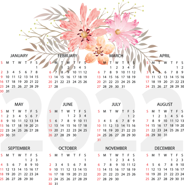Transparent New Year Flower Line Design for Printable 2022 Calendar for New Year