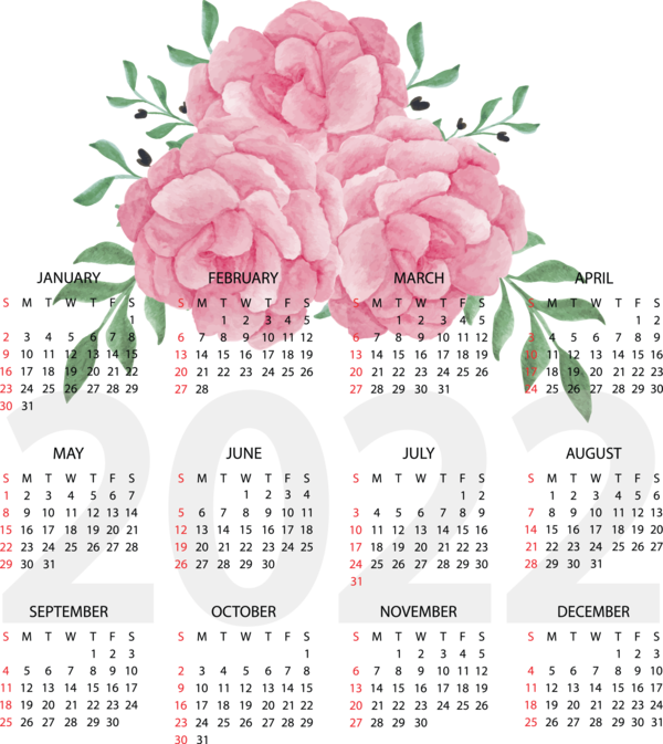 Transparent New Year Floral design Flower Design for Printable 2022 Calendar for New Year